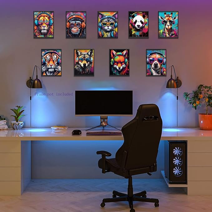 Ucninvd Graffiti Gaming Posters Wall Art Set of 9, Boys Gamer Controller Wall Decor Paintings, DJ Animals Earphone Picture Prints Boys Room Kids teeny for Room Bedroom Decoration 8x10In Unframed