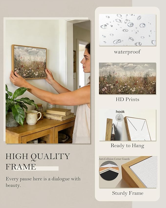 SHENIFY Vintage Landscape Framed Wall Art Meadow with Flowers Farmhouse Decor Retro Wildflower Field Scenery Painting for Kitchen Living Room Bedroom Bathroom - 11x14in Natural Framed