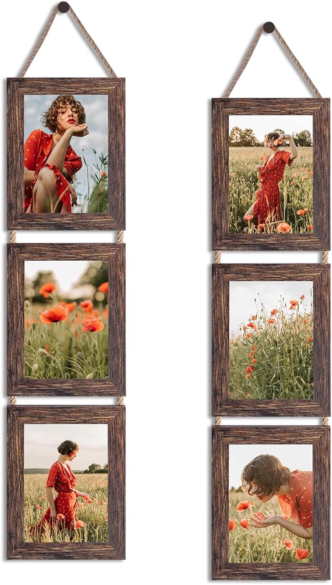 QUTREY Collage Picture Frames 5x7, 3 Openings Hanging Photo Frame Set for Vertical 5 by 7 inch Pictures for Wall, Distressed Brown, 2 Pack