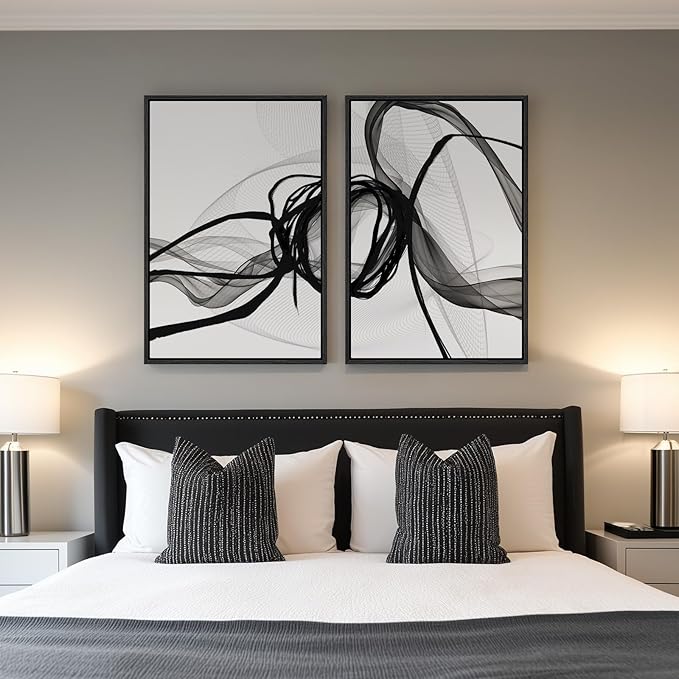 Large Framed Black and White Abstract Wall Art for Living Room, Set of 2 Modern Canvas Prints Paintings Artwork for Walls, Minimalist Lines Pictures for Dining Room Bedroom Office Wall Decor 24x36 In