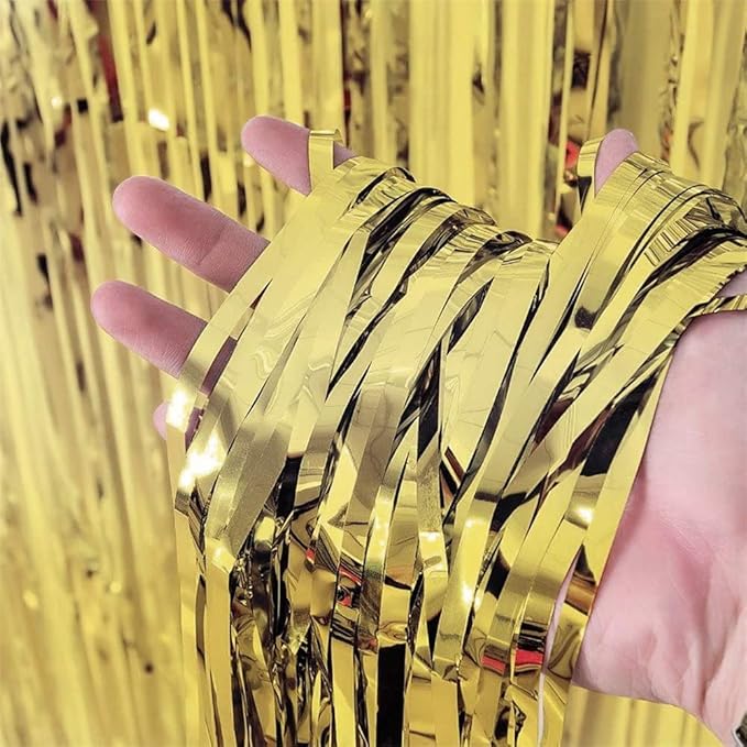 Gold Fringe Backdrop, 3 Pack Gold Foil Curtains, Party Streamers for Birthday, Wedding, Bachelorette Party Decor, Disco Party Decor