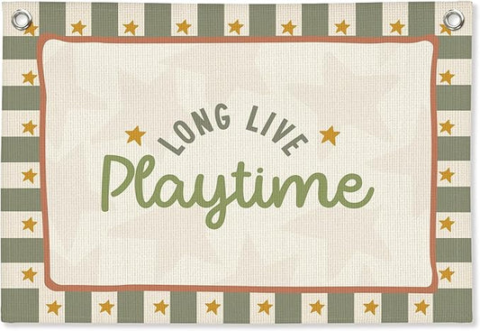 Playroom Wall Decor,Long Live Playtime Linen Canvas Banner,Sage Green Toddler Playroom Decor Kids Room Nursery with Star Pattern Wall Decor for Toddler Boys Toy Room Bedroom,30x20 Inch