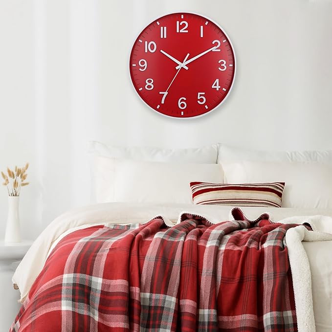 HZDHCLH Red Wall Clocks Battery Operated,12 inch Silent Non Ticking Modern Christmas Wall Clock for Living Room Bedroom Kitchen Office Classroom Decor