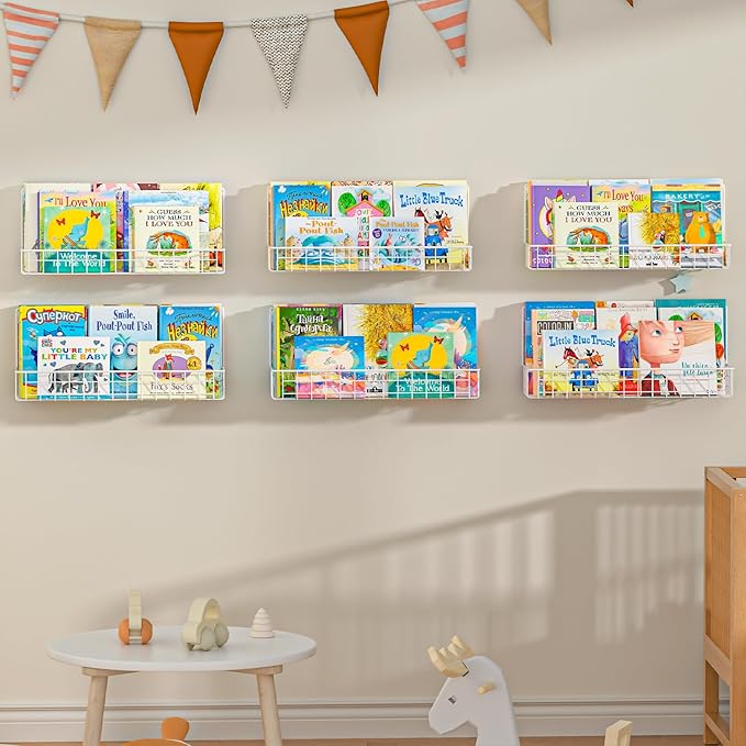 6-Pack White Floating Nursery Book Shelves , Metal Wall Mounted Storage book Shelves for Kids Bedroom, Toddler Room, Baby Nursery Decor, Space-Saving Display Shelves for Books & Toys - 2 Sizes