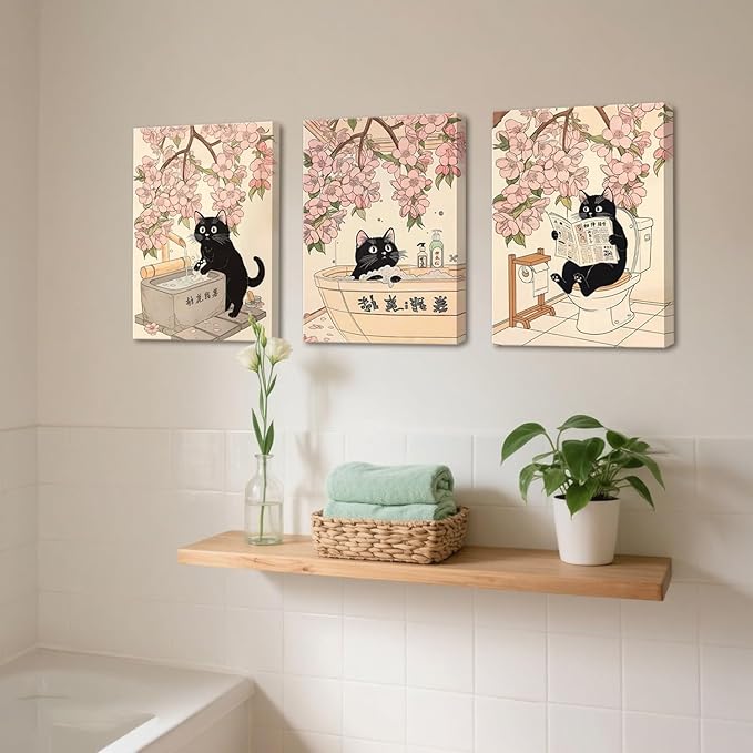 Funny Japanese Bathroom Wall Art Set of 3, Whimsical Black Cat Bathroom Wall Decor Painting Cute Japan Animal on Toilet Reading Poster Canvas Prints 16x24 inch Framed
