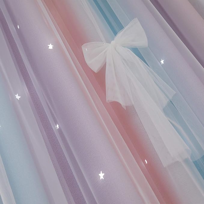 UNISTAR Blackout Stars Kids Curtains for Girls Bedroom Aesthetic Decor Colorful Kawaii Double Layer Star Cut Out Stripe Pink Rainbow Window Wall Home Decoration Curtain,1 Panel,W52 x L84 Inches
