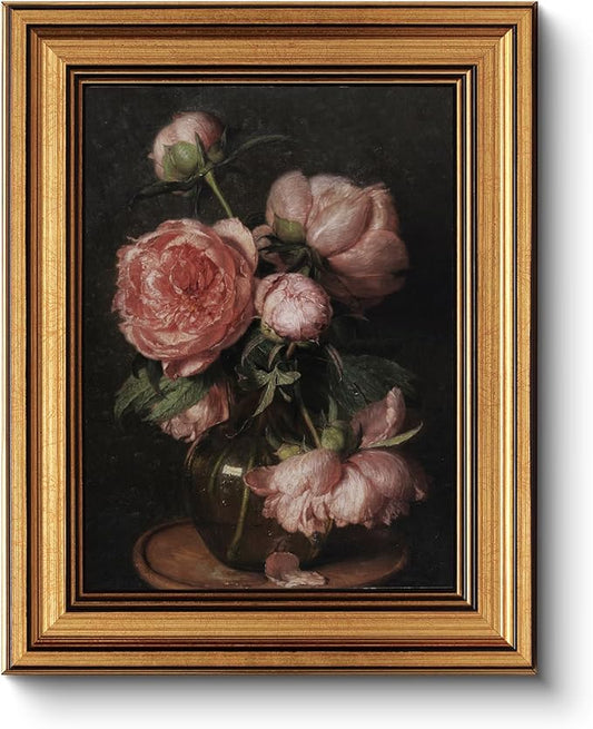 HUARCEY Framed Canvas Wall Art Prints, Bathroom Shelf Vintage Decor Aesthetic, Peony Floral Paintings Farmhouse Wall Decor, Retro Table Desk Decoration for Bedroom Living Room, 8x10Inch