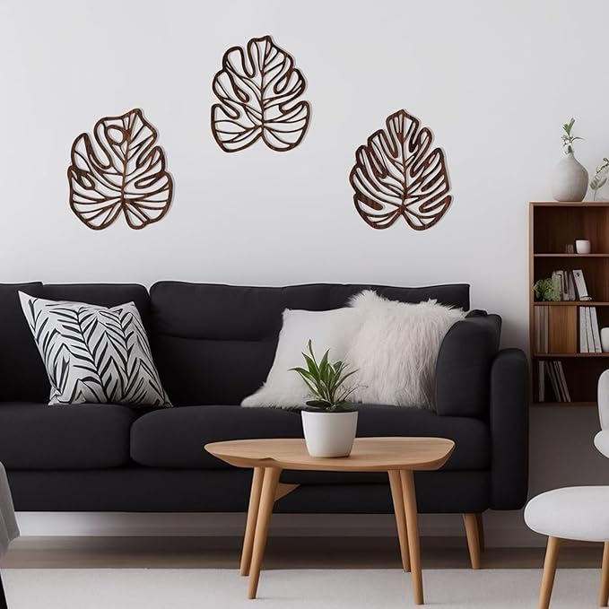 Palm Leaves Wood Wall Decor , 3Pcs Tropical Wall Art Jungle Decor, Wooden Natural Leaves Plant Wall Decor, Vintage Tropical Plant Plaque for Home Living Room Kitchen Bedroom Bathroom & Garden, Brown