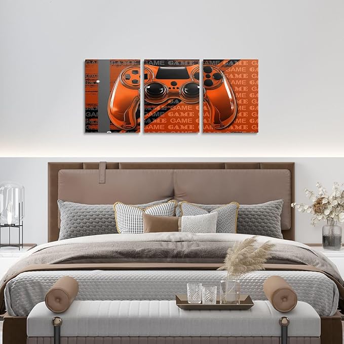 Feelyou Gamer Canvas Wall Art 12" x 16" 3 Piece Game Controller Office Wall Artwork Posters for Teens Adults Gaming Gifts Bathroom Wall Art for Home Gamepad Orange and Black Wall Painting