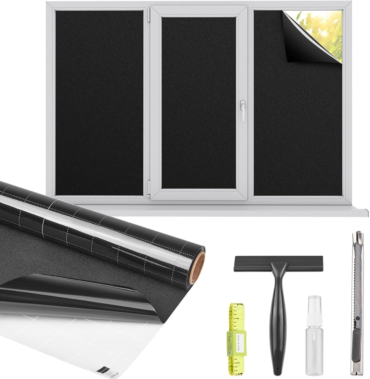 Kromapolis Blackout Window Privacy Film Total Light Blocking Room Darkening Window Covering, Removable Static Cling Frosted Glass Tint, Non-Adhesive, Black 35.4'' x 157.4''