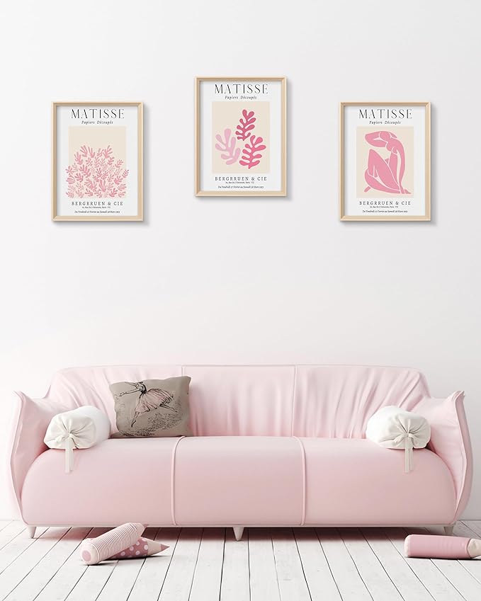 Framed Matisse Pink Canvas Wall Art,Abstract Matisse Canvas Wall Decor,16x12IN High Framed Wood Design Prints,Minimalist Wood Frame Posters for Living Room,Bedroom,Bathroom Set of 3