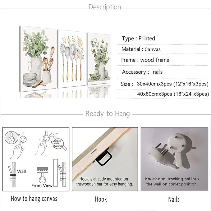 AOYUSMO 3 Piece Canvas Wall Art Kitchen Wall Art Sage Green Pictures Botanical Paintings Farmhouse Artwork Eucalyptus Nature Art Prints for Dining Room 16"x24"