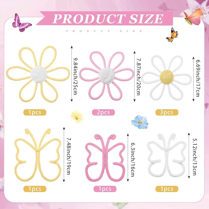 Wesiti 9 Pcs Boho Nursery Decor 3 Size Daisy Flower and Butterflies Woven Macrame Wall Hanging for Home Nursery Bedroom Dorm Wall Art (Bright Color)