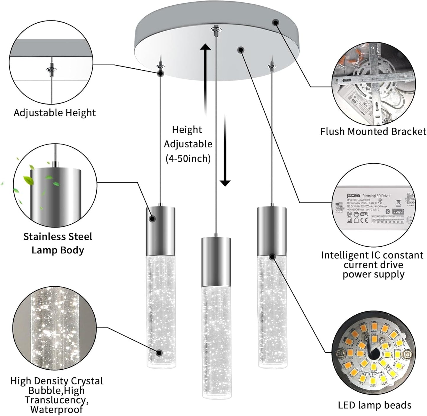 OKELI Smart Dimmable LED 3-Light Pendant Light for Kitchen Island, 18W 1350LM Modern Bubble Crystal Island Light Fixture with TUYA App & Voice Control, Adjustable 3000K-6000K, Electro-Chrome, Round