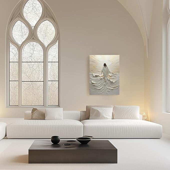 HLXRAE Framed Jesus Wall Art, White Christian Wall Decor, Jesus Walking On Water Poster Prints, Minimalist Christian Biblical Wrapped Canvas Artwork for Church Prayer Room Hospitals 16"x24"
