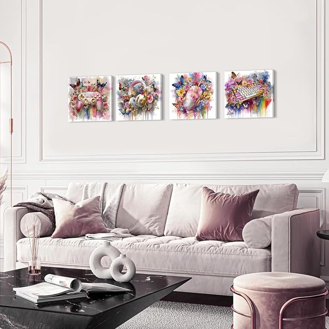 Pink and Gold Gaming Wall Art for Gamer Girls Room Decor Graffiti Flowers Butterfly Pictures Bedroom Playroom Aesthetic Game Gamepad Headphone Canvas Prints Games Posters Home Decoration 12x12” 4Pcs