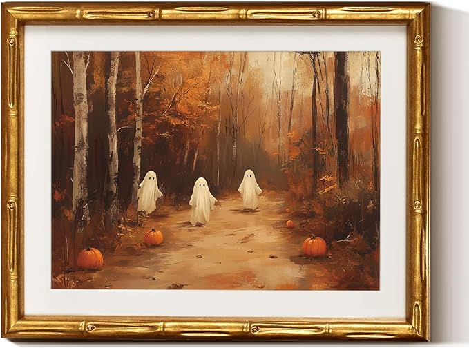 VIYYIEA Bamboo Detail Design Gold Framed Halloween Wall Art for Living Room, Three Ghost Wall Art, Halloween Home Decor Aesthetic Bathroom Bedroom, Office, Framed Ghost Artwork 11 x 14 Inch