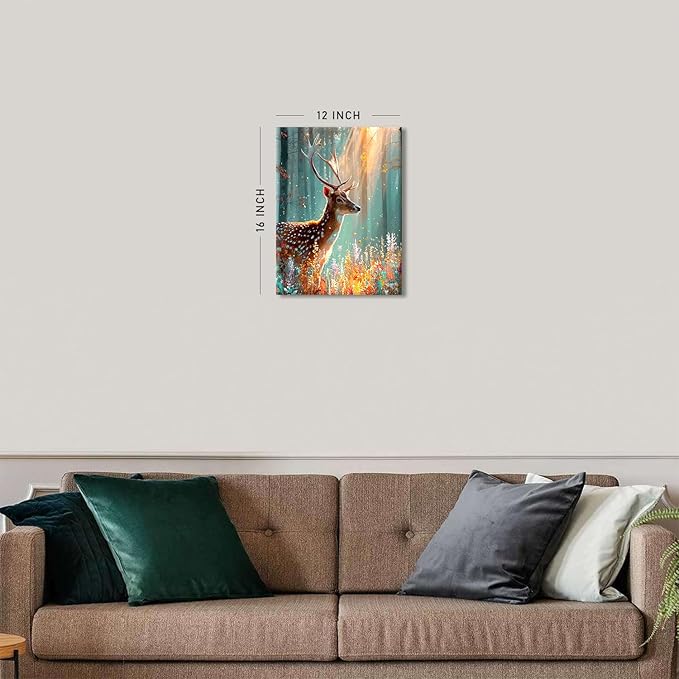 Deer Wall Art Fall Forest Pictures Wall Decor Colorful Flowers Picture Autumn Trees Landscape Canvas Prints Wildlife Animal Painting Woodland Elk Artwork for Bedroom Living Room Home Decoration 12x16"