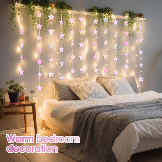 Patelai Glitter Star Garland Banner 2026 Graduation Decor 130 Feet Star Hanging Banner Twinkle Backdrop for Party Birthday Classroom Wedding Supplies(Iridescent Pink)