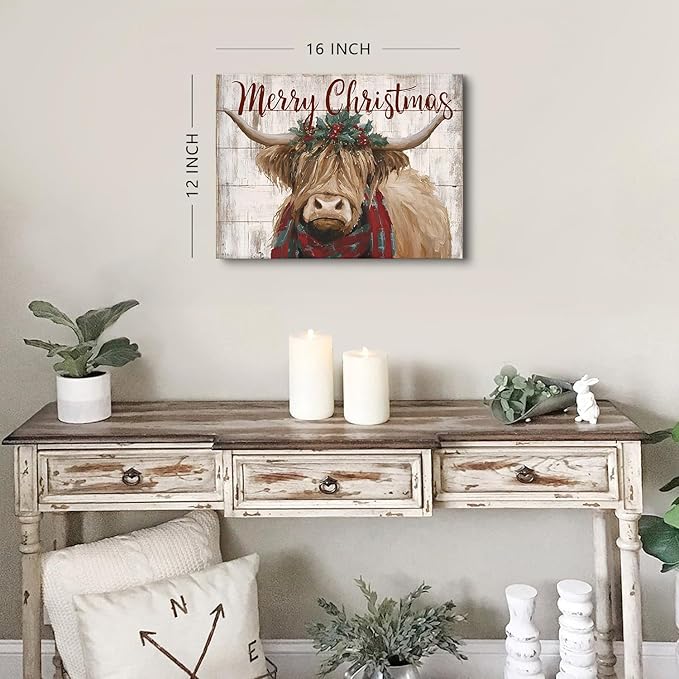 Christmas Highland Cow Wall Art Merry Christmas Sign Poster Rustic Farmhouse Cow Pictures Wall Decor Rustic Wood Grain Farm Animal Canvas Prints Artwork for Kitchen Dining Room Home Decoration 12x16"