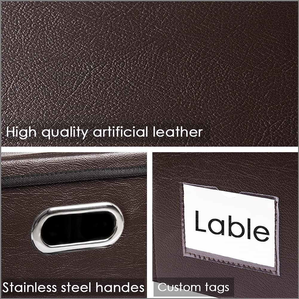 PRANDOM Large Stackable Storage Boxes with Lids [5-Pack] Leather Fabric Foldable Storage Bins Organizer Containers Baskets Cubes with Cover for Bedroom Closet Office Nursery Brown(17.7x11.8x11.8)