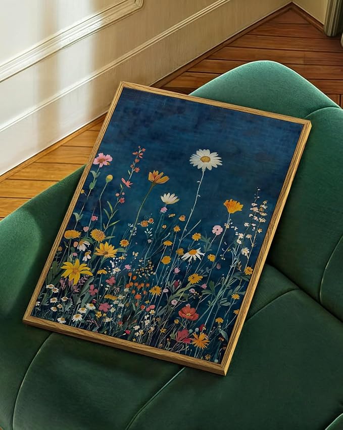 WHASAYART Botanical Floral Canvas Print 12x16 Framed Wildflower Wall Art, Rustic Dark Blue Colorful Flower Artwork, Vibrant Vintage Painting Living Room Kitchen Bedroom Hallway Home Decor