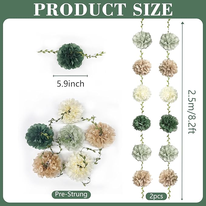 Sage Green Beige Party Decorations Tissue Paper Flowers Pom Pom with Leaf Ribbon Hanging Garland Streamer for Neutral Baby Shower Birthday Wedding Bachelorette Safari Jungle Woodland Party Supplies