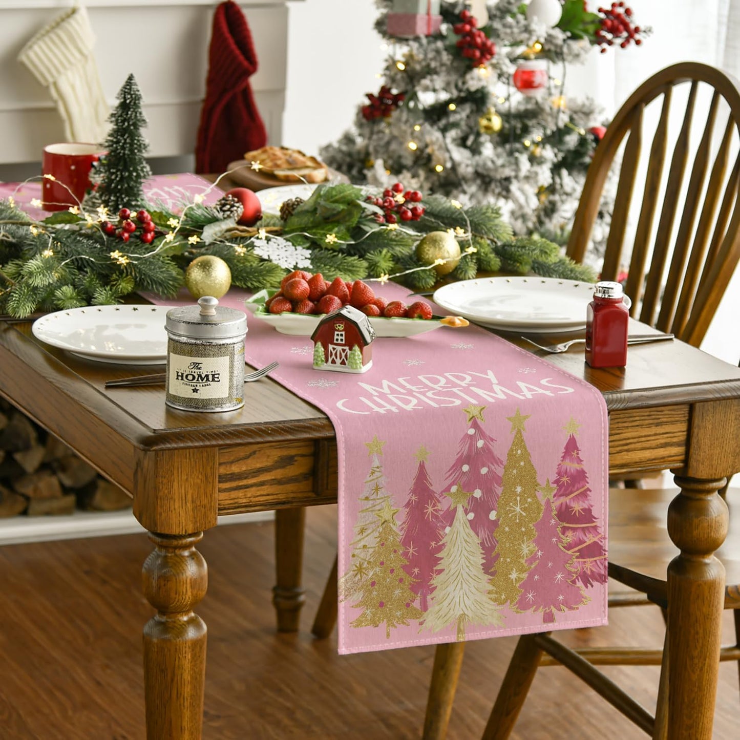 Artoid Mode Xmas Trees Snowflakes Pink Merry Christmas Table Runner, Winter Seasonal Kitchen Dining Table Decoration for Home Party Decor 13x72 Inch