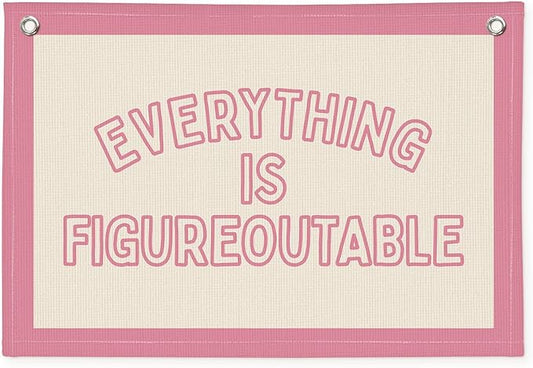 Everything is Figureoutable Inspirational Wall Decor, Motivational Classroom Wall Decor, Classroom Linen Canvas Banner Hanging Flag, 20x30 Inch - Pink Border