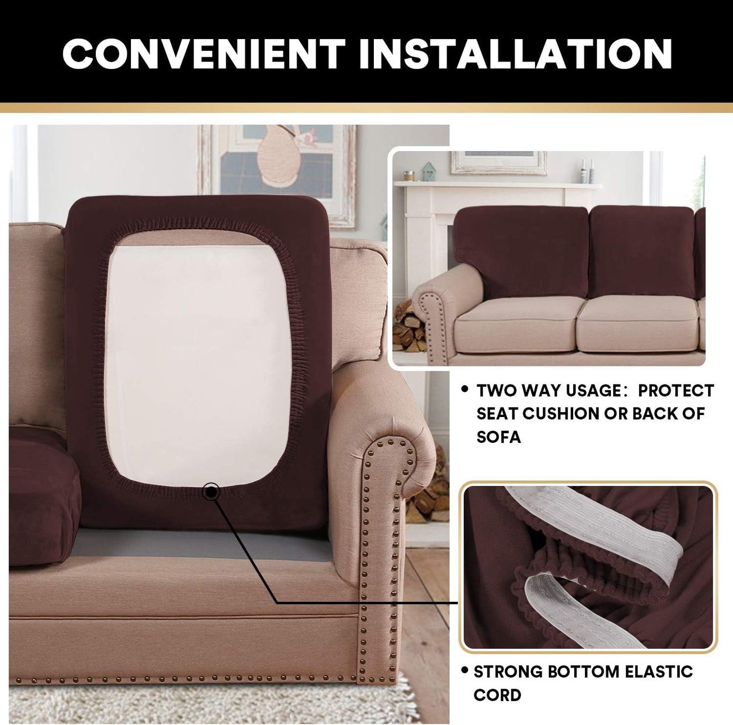 PrinceDeco Couch Cushion Cover Cushion Slipcover for Chair Sofa Cushion Furniture Protector Seat Cushion Sofa Cover for Dog Pet Kid with Elastic Straps Width Up to 29.5", Brown