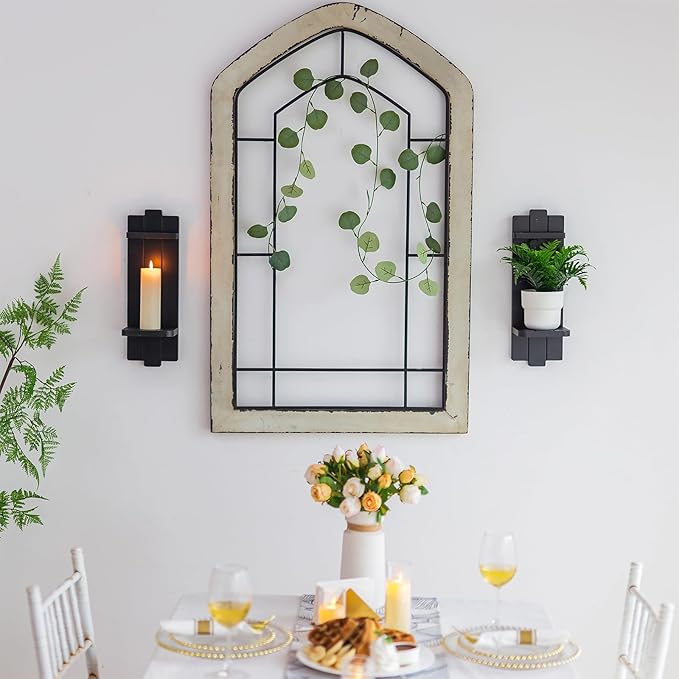 Candle Sconces Black Wall Decor Set of 2 - Wood Wall Candle Holders Set of Two for Small Plants Pillar Candles Tealight - Gothic Distressed Decor for Living Room