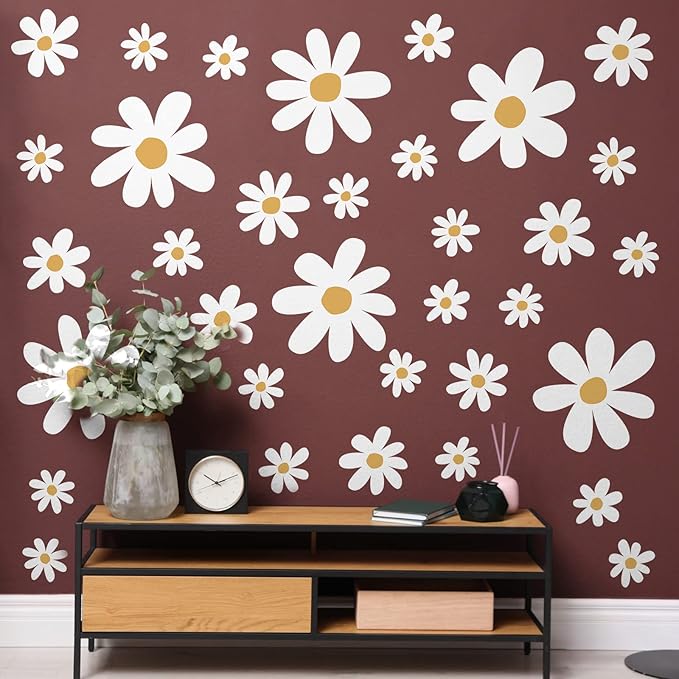 TaoBary 12 Sheet Daisy Wall Sticker Decal Removable Cute Daisy Bedroom Room Decor Flower Wall Sticker Pink White Flower Decal Wallpaper Peel and Stick for Nursery Home(White, Yellow,Cute Style)