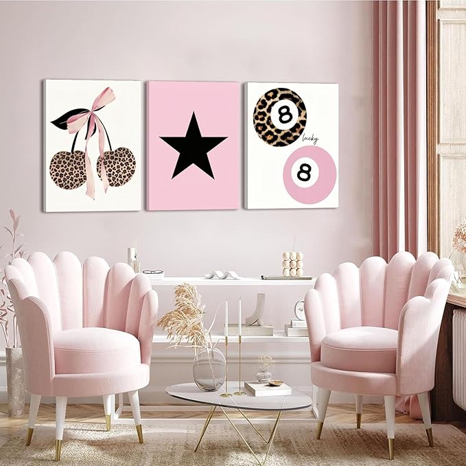 Trendy Pink Leopard Bow Canvas Wall Art Set of 3 Funky Cherry Lucky 8 Ball Posters Prints Wall Decor Cute Coquette Preppy Aesthetic Pictures for Girls Bedroom Dorm Apartment 16x24 In Framed