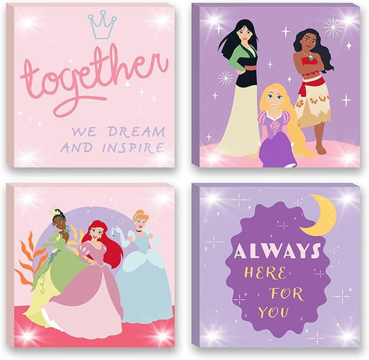 Disney Princess 4 Pack Canvas LED Wall Art Set,Childrens Wall Hanging Décor,Each Piece 11"x11"