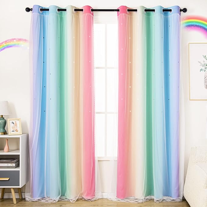UNISTAR 2 Panels Blackout Stars Curtains for Girls Bedroom Kids Aesthetic Living Room Decor Colorful Double Layer Star Cut Out Stripe Window Wall Home Decoration Curtain,W52 x L63 Inches, Rainbow