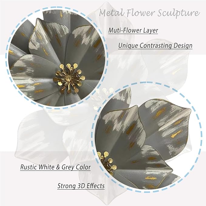 Metal Flower Wall Sculpture, 12.5" Rustic Modern Floral Artwork, Distressed 3D Layered Iron Flower Wall Hanging Accent for Indoor Kitchen Bedroom Living Room Office OutdoorGarden Patio Decor (Black)