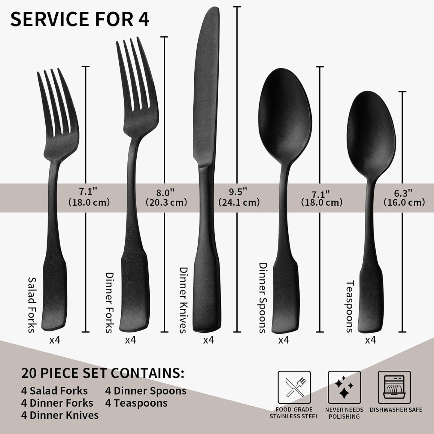 Alata Kate Black Tumbled 20-Piece Silverware Set,Service for 4,Stainless Steel Flatware Set,Tumbled Cutlery Set,Dishwasher Safe