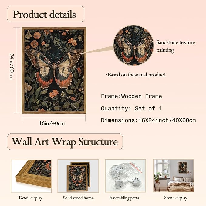 Framed Vintage Butterfly Wall Art, Dark Academia Flowers Insect Pictures Wall Decor Paintings, 3D Textured Sandstone Nature Botanical Prints for Living Room Bedroom Office Home Decor 16x24 inch