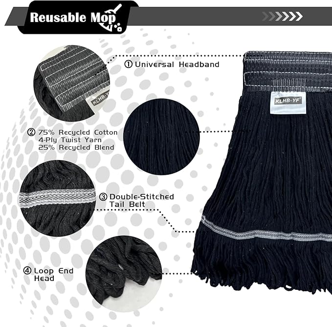 Heavy Duty Wet Industrial Cleaning Mop Head – 21 oz Black mop Head Replacement Cotton Washable Industrial mop Heads Heavy Duty for Commercial & Home Cleaning（Balck）