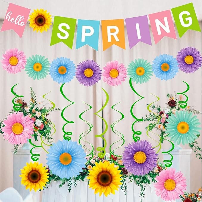 Hello Spring Banner Colorful Flower Hanging Swirls Sun Flowers Daisy Pattern Hanging Banner for Spring Easter Party Decorations Mantle Fireplace Indoor Outdoor Home Classroom Decorations