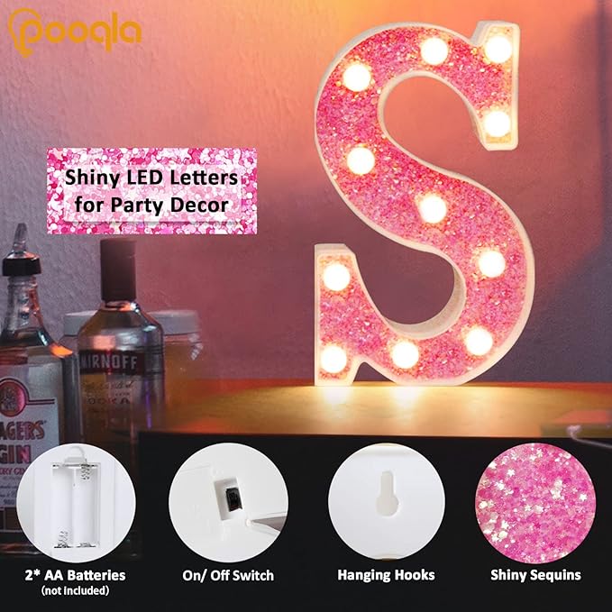 Pooqla LED Marquee Letter Lights, Pink Glitter Alphabet Sign Battery Powered Night Light, Birthday Party, Wedding, Girls Gifts, Home Bar, Christmas Decoration, N