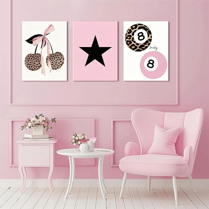 Trendy Pink Leopard Bow Canvas Wall Art Set of 3 Funky Cherry Lucky 8 Ball Posters Prints Wall Decor Cute Coquette Preppy Aesthetic Pictures for Girls Bedroom Dorm Apartment 16x24 In Framed