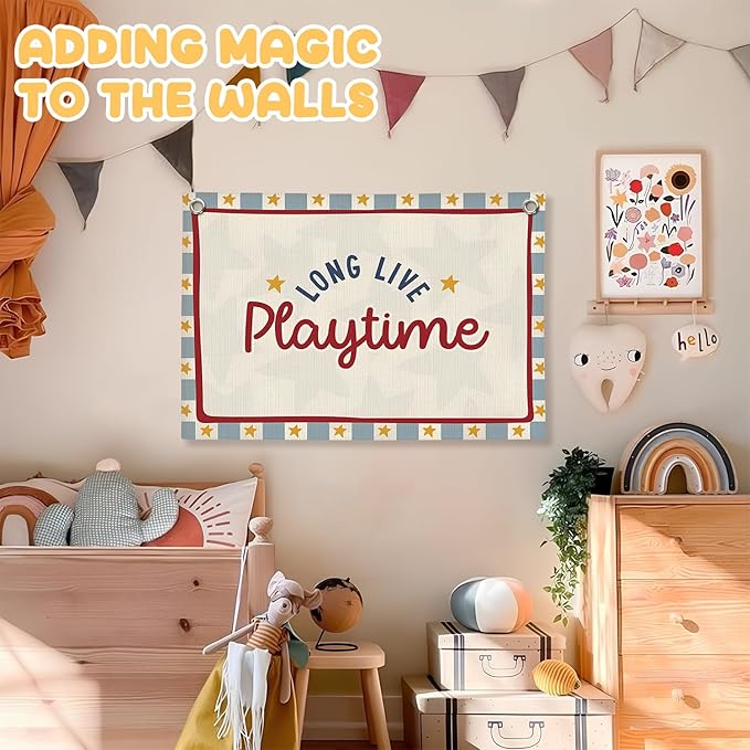 Playroom Wall Decor, Long Live Playtime Linen Canvas Banner,Toddler Playroom Decor Kids Room Nursery with Star Pattern Wall Decor for Toddler Boys Toy Room Bedroom,30x20 Inch