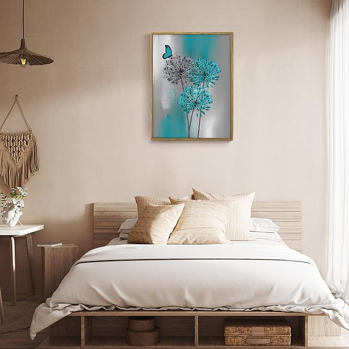 LB Teal Dandelion Framed Wall Art with Butterfly - Modern Teal Grey Canvas Wall Art for Home Contemporary Aesthetic Wall Decor for Home, Ready to Hang 17x12 Inch, Living Room Bedroom Bathroom Decor