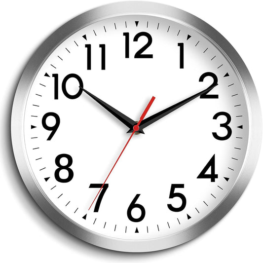 Wall Clock Modern Battery Operated 10 Inch Simpel Silent Non Ticking Decorative for Kitchen Office Outdoor Bedroom Living Room School Classroom(Silver)