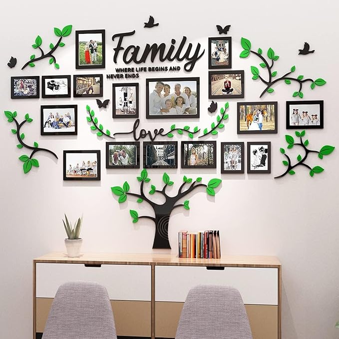 Family Tree Wall Decor - Picture Frames Collage 4x6 5x7 8x10 11x14 3D DIY-Acrylic Photo Frame for Living Room （Green 57 * 81in）