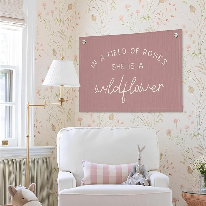 Girls Room Decor, Wildflower Nursery Decor, In a Field Full of Roses She Is a Wildflower Banner, Pink Linen Banner Flag Decor for Little Girl Baby Girl, Girls Room Wall Decor Canvas Banner