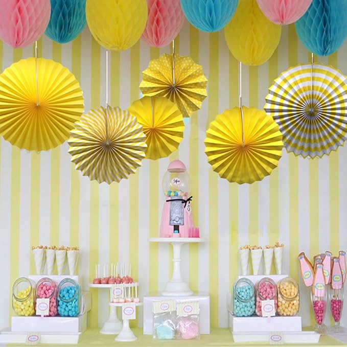 ADLKGG Hanging Paper Fans Decorations (16", 12", 8"), Tissue Paper Rosettes for Birthday Party, Wedding, Graduation, Baby Shower, Reusable Fiesta Wall Decor & Photo Backdrop (Mixed Patterns), 6 Pcs