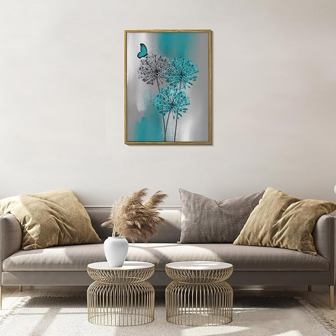 LB Teal Dandelion Framed Wall Art with Butterfly - Modern Teal Grey Canvas Wall Art for Home Contemporary Aesthetic Wall Decor for Home, Ready to Hang 17x12 Inch, Living Room Bedroom Bathroom Decor