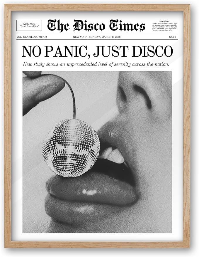 iHery No Panic Just Disco Framed Trendy NewsPaper Wall Art,Beige OAK Wood Large 16x20in Canvas Bedroom Wall Art Decor, Cherry Disco Ball Headline Magazine Poster For Dorm Living Room Home 1Pack
